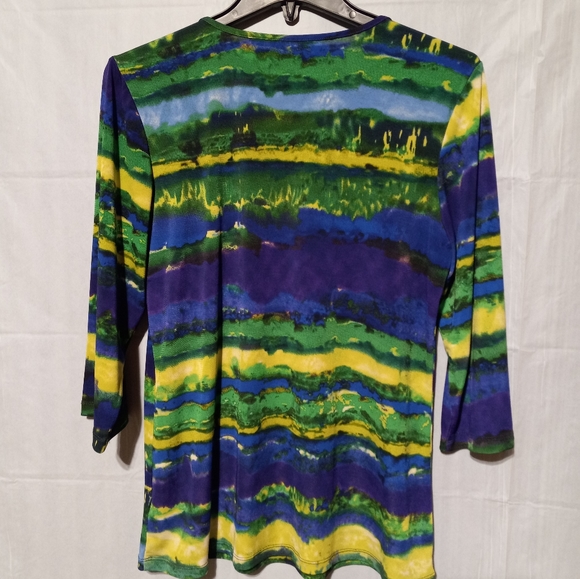 Susan Graver EUC Green Blue Yellow Striped V-neck Top, Size Small - Picture 5 of 5